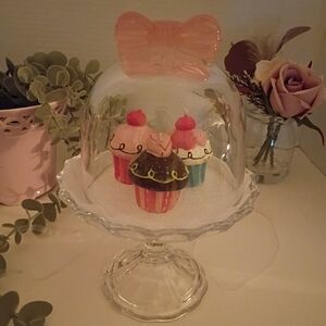 Mini Pink Bow Glass Pedestal Cupcake Stand w/Glass Dome